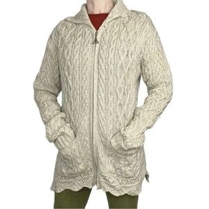 Inis Crafts Aran Merino Wool Full Zip Cardigan in Beige Size S